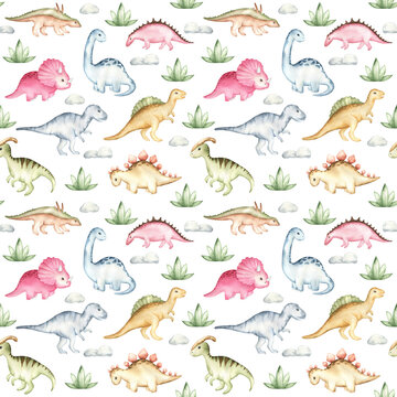 Watercolor Cute Dino Seamless Pattern. Background With Tropical Animal For Kids Decor.