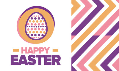 Happy Easter in April. Christian spring holiday in honor of the resurrection of Christ. Biblical history. Traditional dyeing eggs with patterns, fun game for children searching for easter eggs. Vector