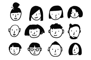 Set of cute vector black doodle male and female people faces. Collection of emotional human avatars for social media design, stickers, icons