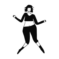 Cute black doodle vector happy jumping woman. Cheerful jump or dance body positive girl, concept of happiness