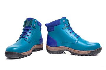 Male blue leather Boots on white background, isolated product. 