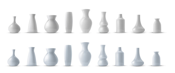 Realistic collection of white ceramic porcelain vase. 3d ceramic glossy pot set. - obrazy, fototapety, plakaty