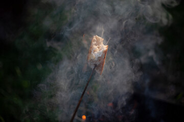 Frying bread on campfire. Bread on stick is baked in flames. Picnic in nature. Smoke in sunlight.