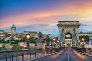 Budapest Hungary, sunset city skyline at Chain Bridge and Buda Castle