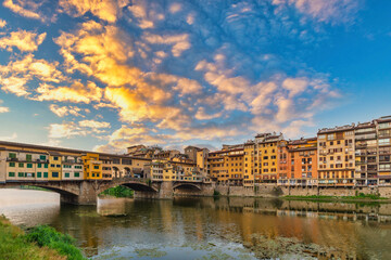 Florence Italy, sunrise city skyline at Ponte Vecchio Bridge and Arno River, Tuscany Italy