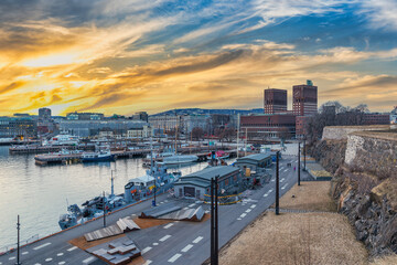 Oslo Norway, sunset city skyline at City Hall and Harbour - obrazy, fototapety, plakaty