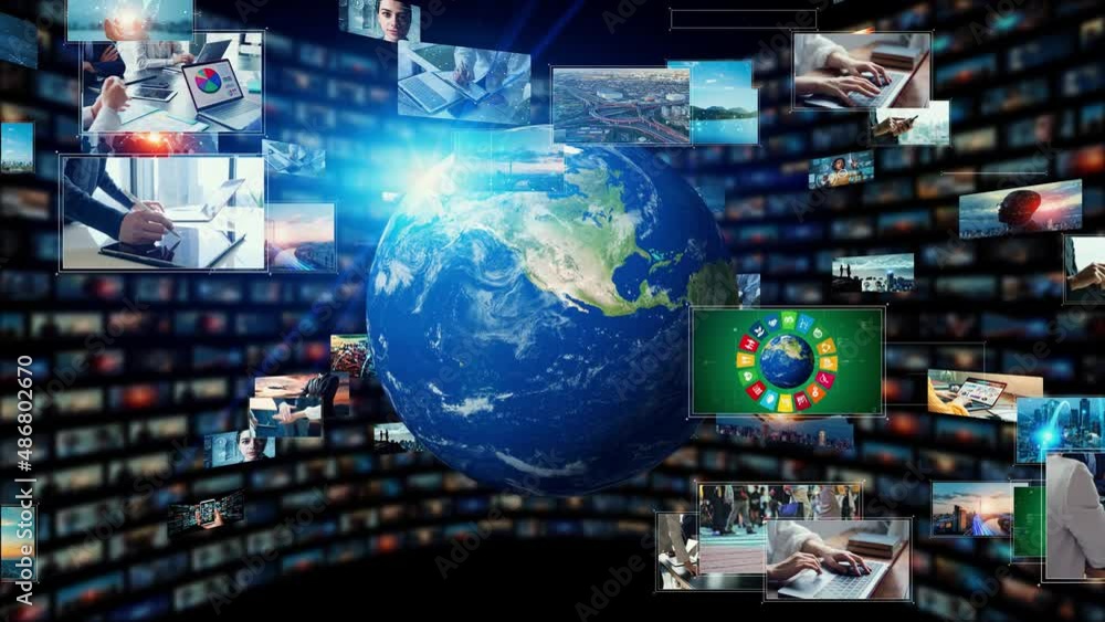 Poster Visual contents concept. Broadcasting. Streaming video. communication network.