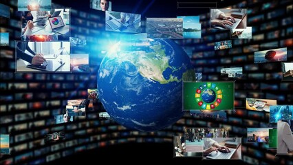 Visual contents concept. Broadcasting. Streaming video. communication network.