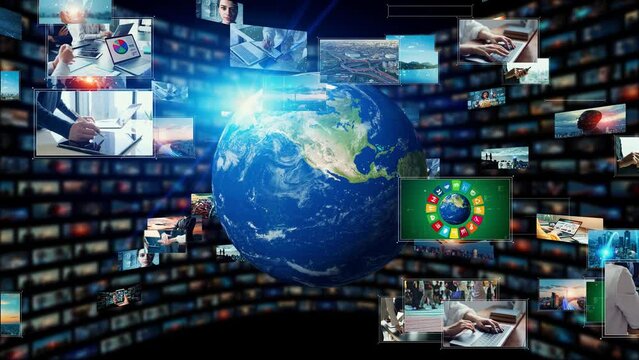 Visual contents concept. Broadcasting. Streaming video. communication network.