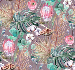 Watercolor seamless pattern with tropical protea flowers and monstera leaves on a brown background. Modern herbarium of dried flowers and dried tropical palm leaves in Boho style for summer textiles