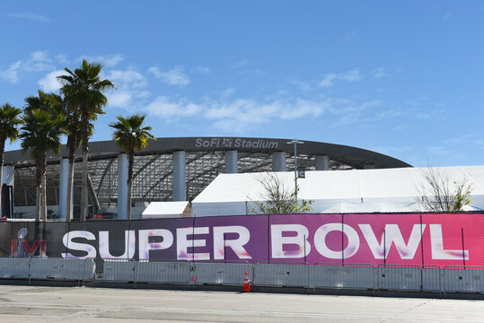 INGLEWOOD, CALIFORNIA - 12 FEB 2022: SoFi Stadium decked out for Super Bowl LVI game between the Los Angeles Rams and Cincinnati Bengals.