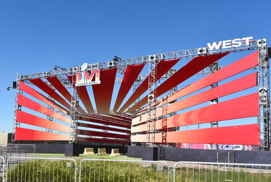 INGLEWOOD, CALIFORNIA - 12 FEB 2022: West Entrance to the festivities at SoFi Stadium, host of Super Bowl LVI.
