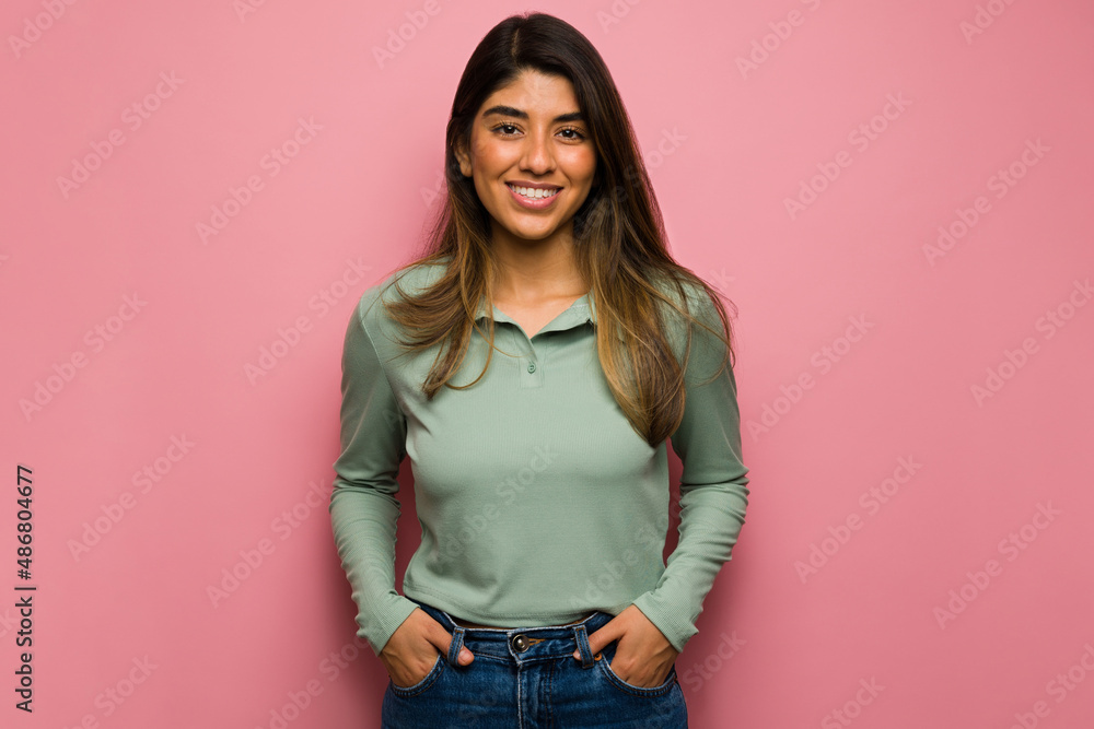 Canvas Prints Gorgeous woman against a pink background