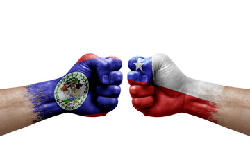 Two hands punch to each others on white background. Country flags painted fists, conflict crisis concept between belize and chile
