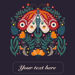 Vector card with flowers and moth. Spring motif folk art on a dark background. Floral poster, banner, wall art, modern design, card with text place
