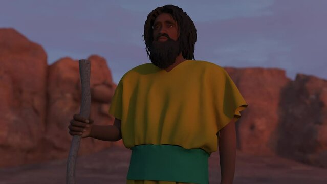 3d render Moses character afflicted in the desert, close up