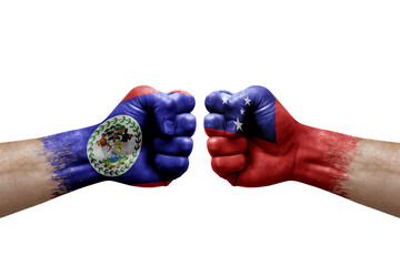 Two hands punch to each others on white background. Country flags painted fists, conflict crisis concept between belize and samoa