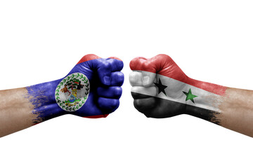 Two hands punch to each others on white background. Country flags painted fists, conflict crisis concept between belize and syria