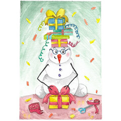 Snowman packing gifts, holidays card