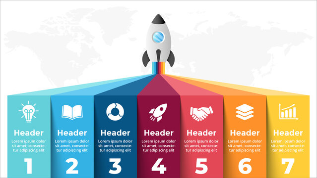 Startup vector infographic. Rocket launch. Presentation slide template. Spaceship fly. Business success diagram chart. Timeline roadmap 7 options, steps. Creative project concept. World map.