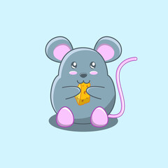 Cute fat mouse cartoon eating cheese icon vector illustration