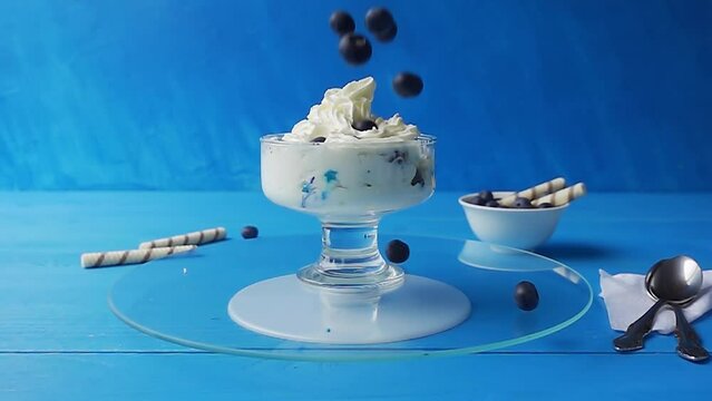 Blueberries fall into a glass cup with ice cream, that rotation on a tray on a wooden table against a blue background. 4k slow motion video with speed ramp effect.