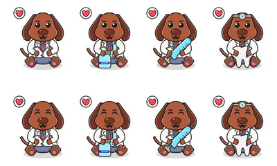 Vector Illustration of Cute sitting Dog cartoon with Doctor costume. Set of cute little Dog characters. Collection of funny little Dog isolated on a white background.
