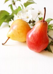 pear yellow with red side, pear variety trout, beautiful juicy pears organic, beautiful fresh fruits, copy space, space for text