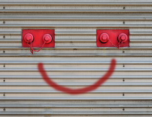 Decorative pattern of red smiley faces with graffiti on street building wall