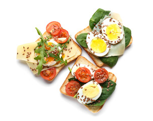 Tasty toasts with eggs and flax seeds on white background