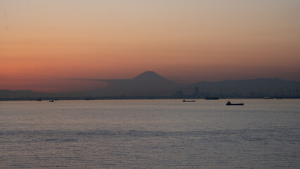 Silhouette of Mt. Fuji seen from the Tokyo Bay Aqualine Umihotaru parking area
