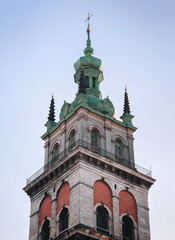 Tower of the Assumption Cathedral against the sky in Lviv, Ukraine.