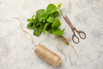 Bunch of mint, rope and scissors on grunge background