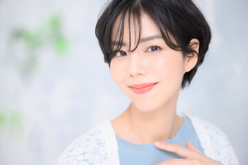 And for the main visual! Beautiful Japanese woman looking at camera, easy to use for beauty. Copy...