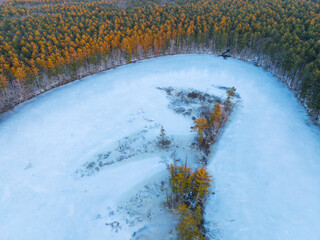 aerial view of forest and frozen river in winter