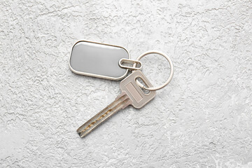 Key with stylish metallic keychain on light background