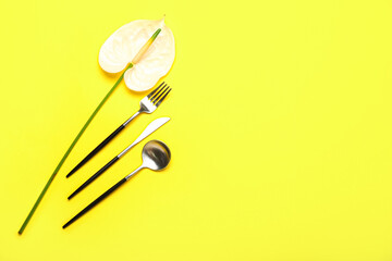 Set of stainless steel cutlery and Calla Lily flower on color background