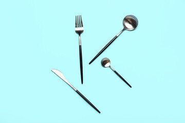 Set of stainless steel cutlery with black handles on color background