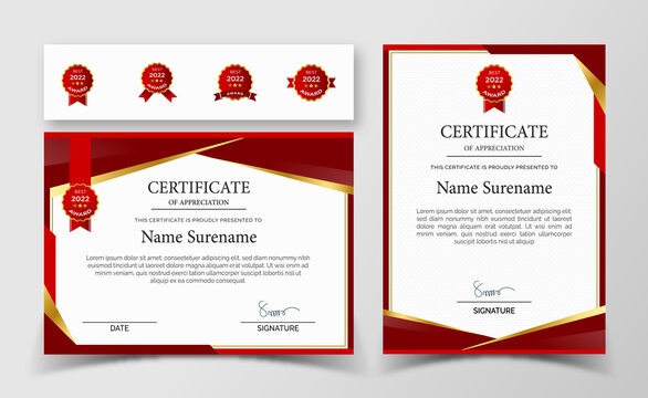 Certificate of appreciation template, red and gold color. Clean modern certificate with gold badge
Certificate of Appreciation template, certificate of achievement, awards diploma template