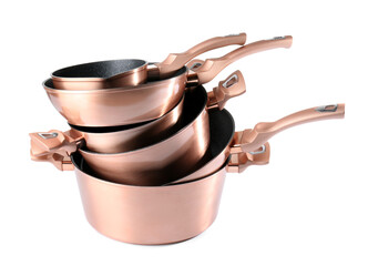 Set of copper kitchen utensils on white background