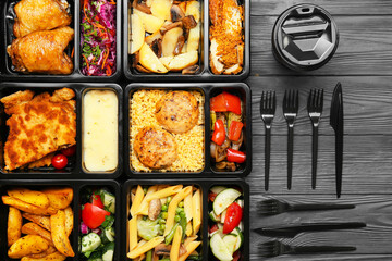 Lunch boxes with different delicious meals, cup and cutlery on grey wooden background