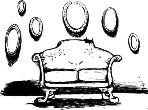 Hand-drawn old Sofa and circular picture frames in Haunted House Illustration