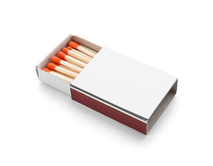 Box with new matchsticks on white background