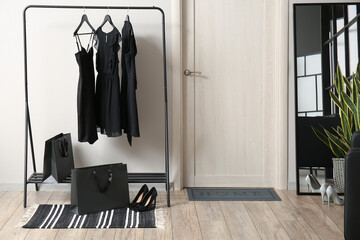 Interior of modern hall with rack and female clothes