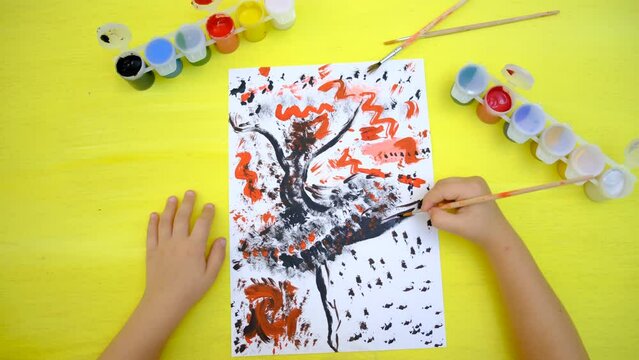 Childlike drawing abstract silhoutte of dancing girl or woman in free style. Colorful abstract artwork hand painted. Children painting style