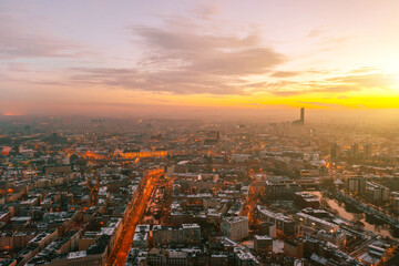 Polish city Wroclaw from a great height at sunset, beautiful sky
