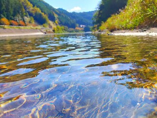 Fototapeta na wymiar 和歌山の山奥を流れる川のエメラルドグリーンの水が美しいリラックスできる自然風景（コピースペース）