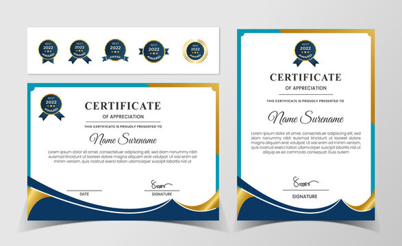 Premium certificate of achievement template, gold and blue color.