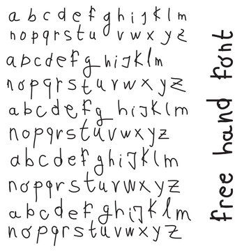 Hand written alphabet font, letters in multiple variations, black isolated on white background, vector illustration.