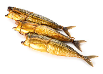 Tasty smoked mackerel fishes on white background
